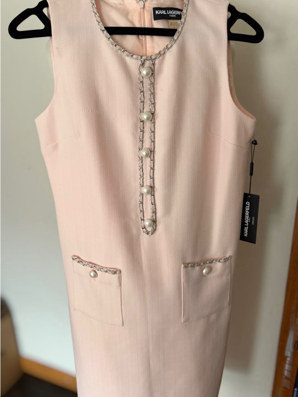Karl Lagerfeld Soft Pink Pearl-Trim Sleeveless Midi Sheath Dress